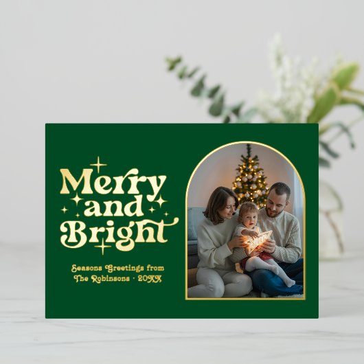 Emerald Green & Gold Moderne Retro Kerstfoto Folie Feestdagenkaart (Staand Voorkant)