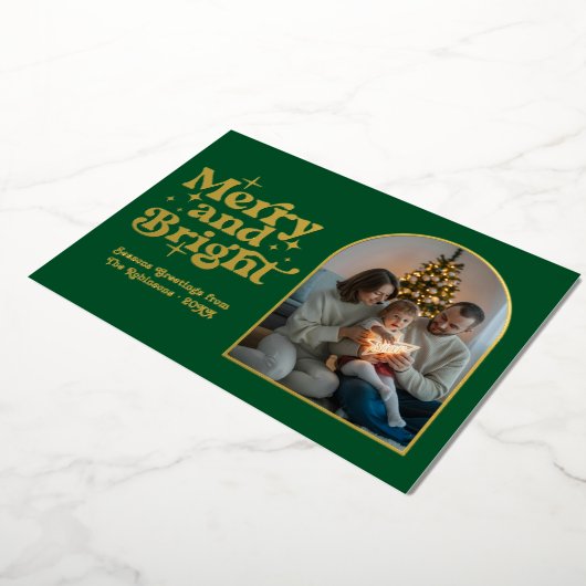 Emerald Green & Gold Moderne Retro Kerstfoto Folie Feestdagenkaart (Gedraaid)
