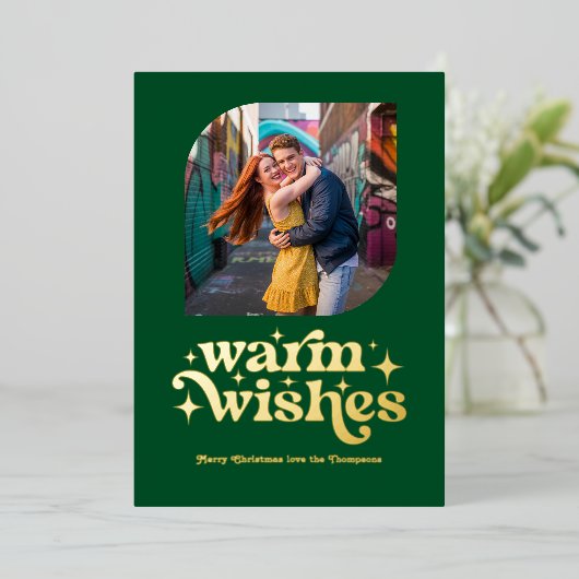 Emerald Green & Gold Moderne Retro Kerstfoto Folie Feestdagenkaart (Staand Voorkant)