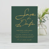 Emerald Green Gold Moderne Typografie Huwelijk Save The Date (Staand voorkant)