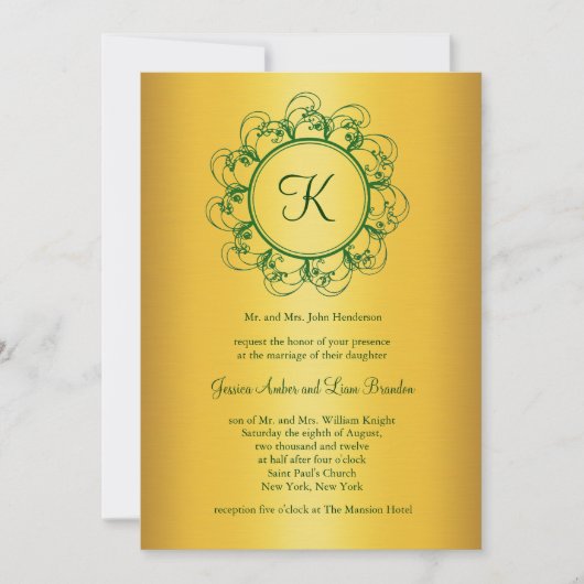 Emerald Green & Gold Monogram Huwelijksuitnodiging Kaart (Voorkant)