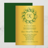 Emerald Green & Gold Monogram Huwelijksuitnodiging Kaart (Voorkant / Achterkant)