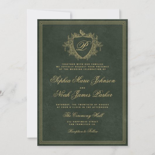 Emerald green gold monogram wedding kaart (Voorkant)