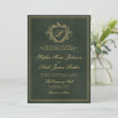 Emerald green gold monogram wedding kaart (Staand voorkant)