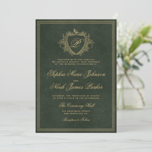 Emerald green gold monogram wedding kaart (Staand voorkant)