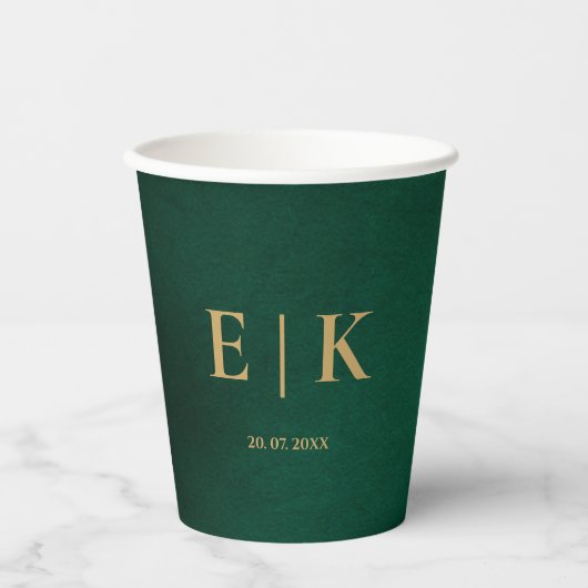Emerald Green & Gold Monogram Wedding Papieren Bekers (Voorkant)