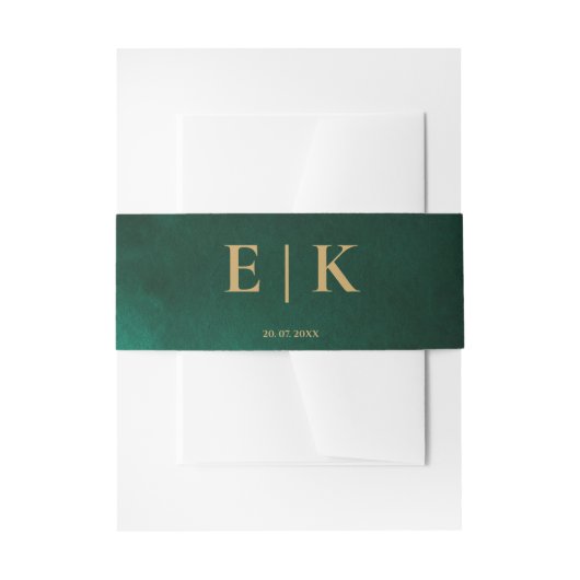 Emerald Green & Gold Monogram Wedding Uitnodigingen Wikkel (Voorkant Voorbeeld)
