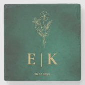 Emerald Green & Gold Monogram Wildflower Wedding Stenen Onderzetter (Voorkant)