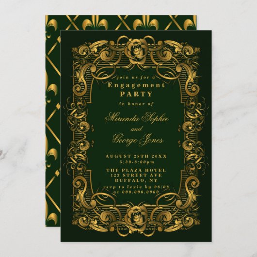 Emerald Green Gold Ornament Verloving Uitnodiginge Kaart (Voorkant / Achterkant)