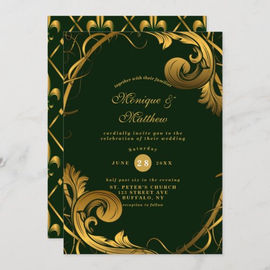 Emerald Green Gold Ornament Wedding Invitations Kaart (Voorkant / Achterkant)