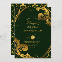 Emerald Green Gold Ornament Wedding Invitations