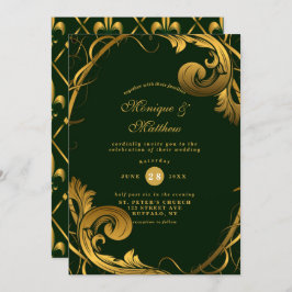 Emerald Green Gold Ornament Wedding Invitations Kaart