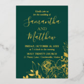 Emerald Green & Gold Peony Modern Floral Wedding Folie Uitnodiging (Voorkant)