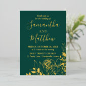 Emerald Green & Gold Peony Modern Floral Wedding Folie Uitnodiging (Staand Voorkant)