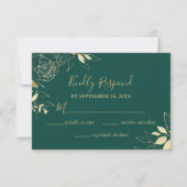 Emerald Green & Gold Peony Modern Floral Wedding RSVP Kaartje (Voorkant)