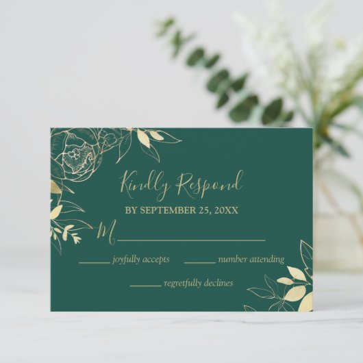Emerald Green & Gold Peony Modern Floral Wedding RSVP Kaartje (Staand voorkant)