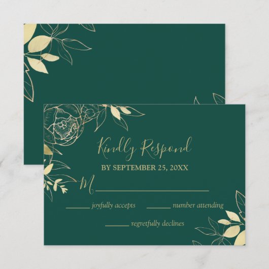 Emerald Green & Gold Peony Modern Floral Wedding RSVP Kaartje (Voorkant / Achterkant)