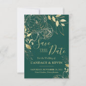 Emerald Green & Gold Peony Modern Floral Wedding Save The Date (Voorkant)