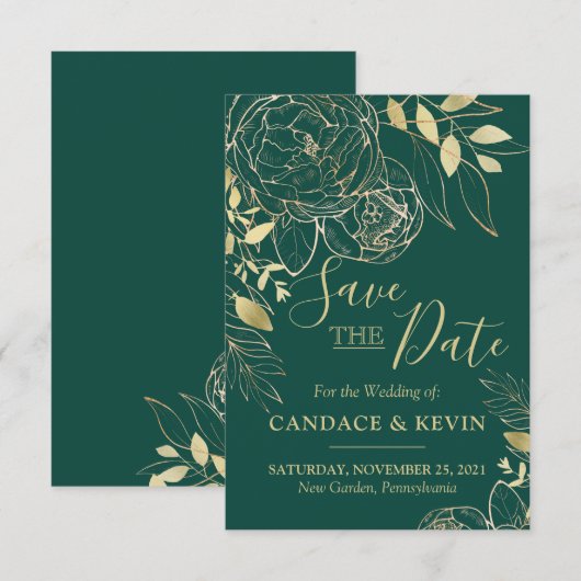 Emerald Green & Gold Peony Modern Floral Wedding Save The Date (Voorkant / Achterkant)