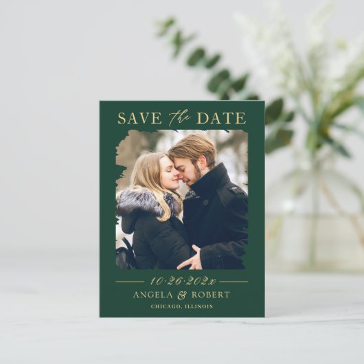 Emerald Green Gold Photo Lijst Save the Date Briefkaart (Staand voorkant)