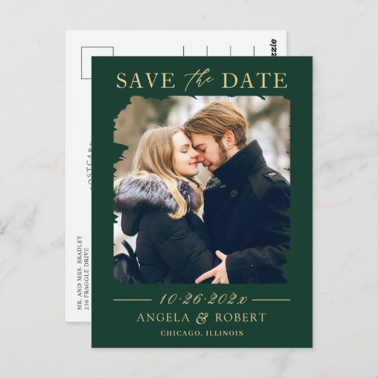 Emerald Green Gold Photo Lijst Save the Date Briefkaart (Voorkant / Achterkant)