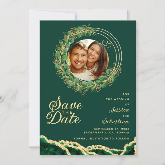 Emerald Green & Gold Photo QR-code legant Save The Date (Voorkant)