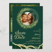 Emerald Green & Gold Photo QR-code legant Save The Date (Voorkant / Achterkant)