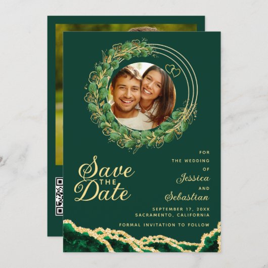 Emerald Green & Gold Photo QR-code legant Save The Date (Voorkant / Achterkant)