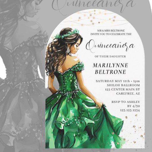 Emerald Green Gold Princess Quinceañera Kaart