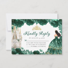 Emerald Green Gold Princess Quinceañera RSVP-kaart RSVP Kaartje