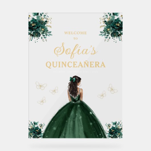 Emerald Green Gold Princess Quinceañera Welkom Acryl Bord (Voorkant)