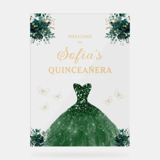 Emerald Green Gold Princess Quinceañera Welkom Acryl Bord (Voorkant)
