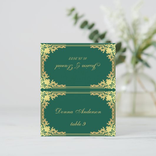 Emerald Green Gold Printed Name Wedding Place Card (Staand voorkant)