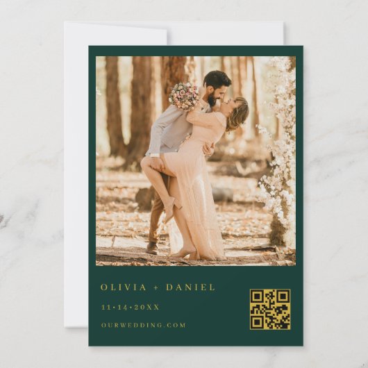 Emerald Green Gold QR Code Foto Elegant Huwelijk Kaart (Achterkant)