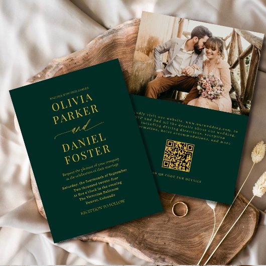 Emerald Green Gold QR Code Klassieke Fotobruiloft Kaart