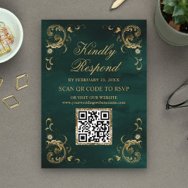 Emerald Green Gold QR Code RSVP Weddenschap Websit Informatiekaartje