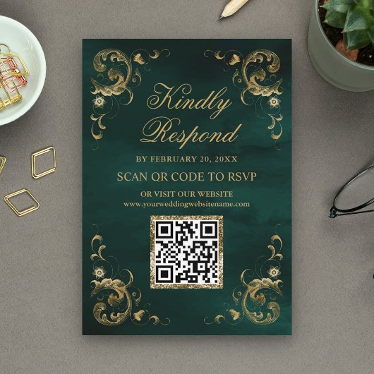 Emerald Green Gold QR Code RSVP Weddenschap Websit Informatiekaartje