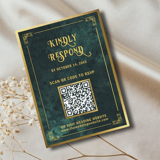 Emerald Green Gold QR Code RSVP Weddenschap Websit Informatiekaartje