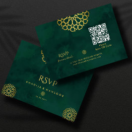 Emerald Green Gold QR-code Trouwen RSVP Informatiekaartje