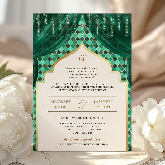 Emerald Green Gold Quatrefoil QR Code Sikh Wedding Kaart