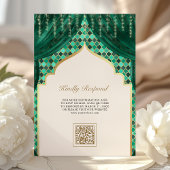 Emerald Green Gold Quatrefoil QR Code Sikh Wedding Kaart