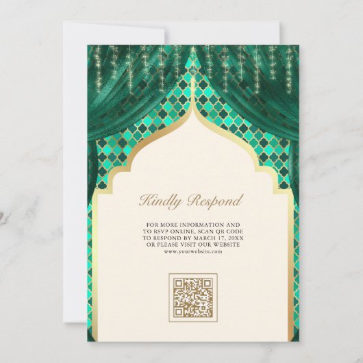 Emerald Green Gold Quatrefoil QR Code Sikh Wedding Kaart (Achterkant)