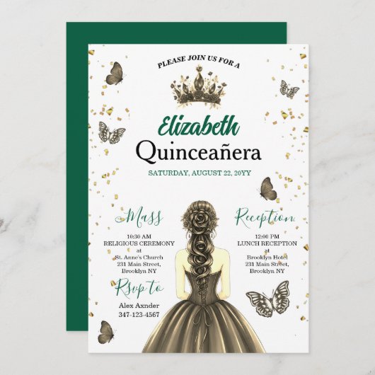 Emerald Green Gold Quinceañera Invitation Kaart (Voorkant / Achterkant)