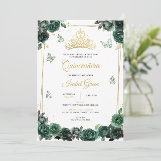 Emerald Green Gold Quinceañera Kaart (Staand voorkant)