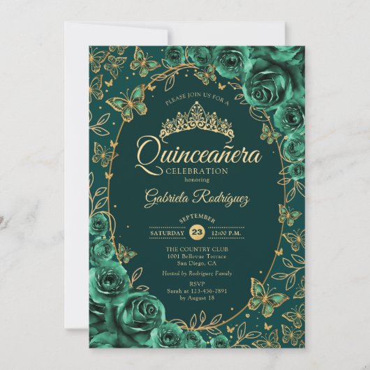 Emerald Green Gold Quinceanera Kaart (Voorkant)
