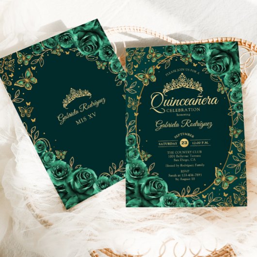 Emerald Green Gold Quinceanera Kaart