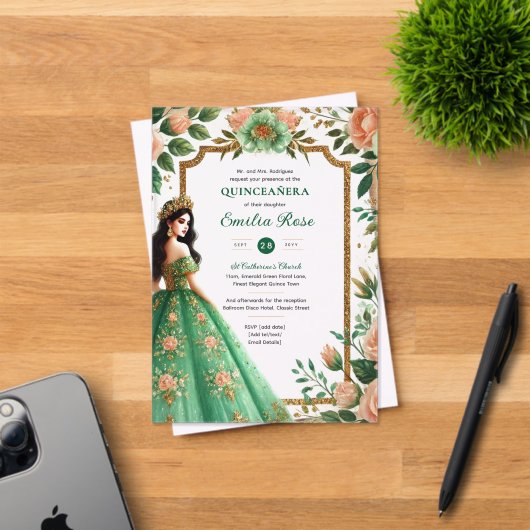Emerald Green Gold Quinceanera Kleedbloemen Acryl Uitnodigingen (Insitu (Uitnodiging))