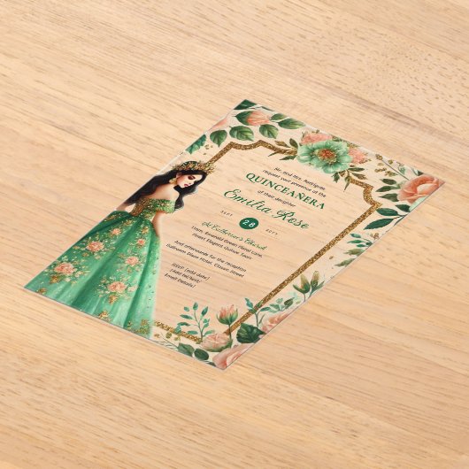 Emerald Green Gold Quinceanera Kleedbloemen Acryl Uitnodigingen (Laagn)