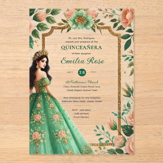 Emerald Green Gold Quinceanera Kleedbloemen Acryl Uitnodigingen (Voorkant)