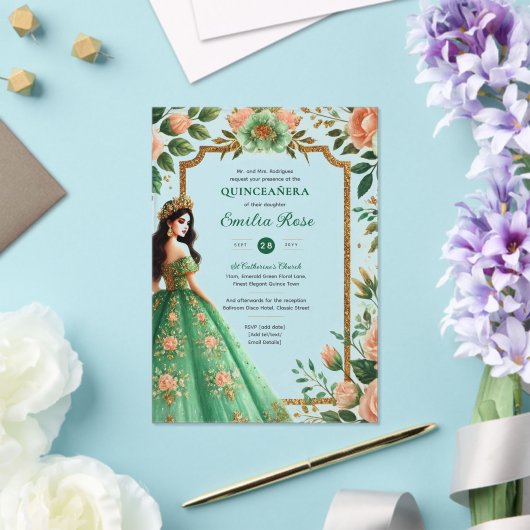 Emerald Green Gold Quinceanera Kleedbloemen Acryl Uitnodigingen (Insitu (Huwelijk))